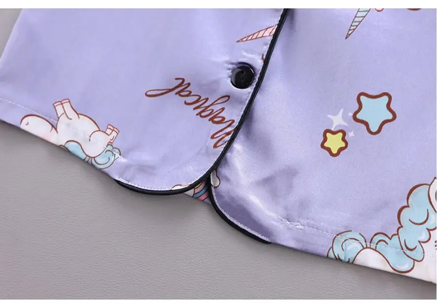 Girls Pajamas Pants Set Summer Air-Conditioned Clothing Toddler Boys Lce Silk Satin Cartoon Unicorn Nightgown 2pcs Outfit
