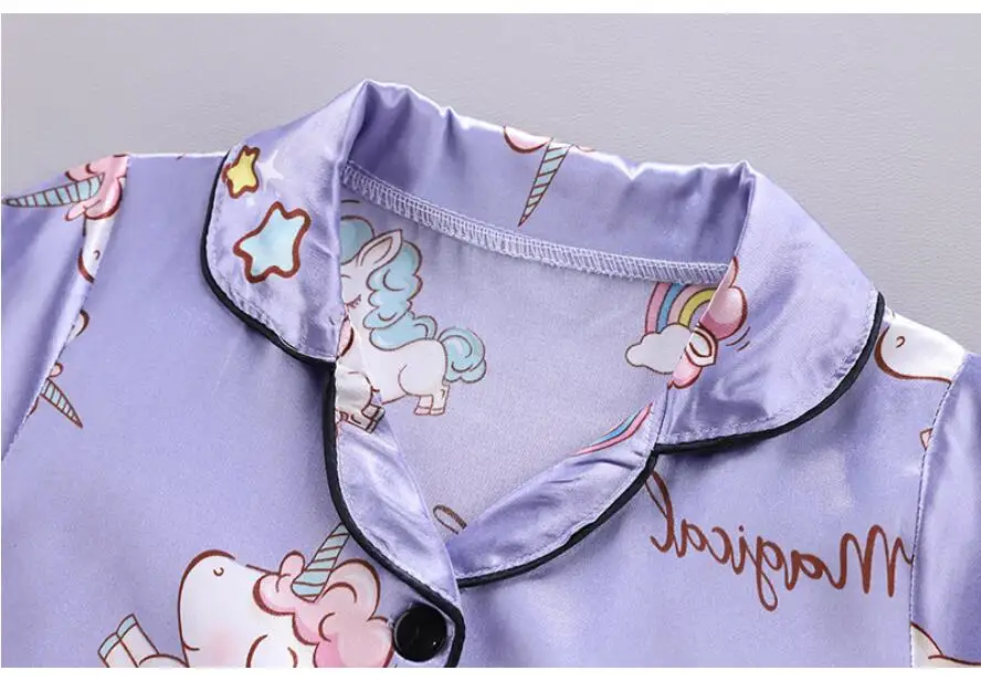 Girls Pajamas Pants Set Summer Air-Conditioned Clothing Toddler Boys Lce Silk Satin Cartoon Unicorn Nightgown 2pcs Outfit