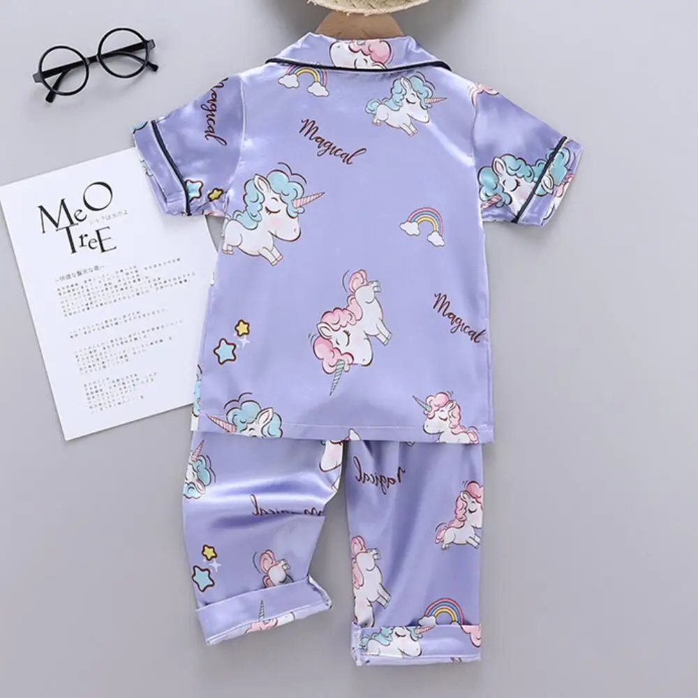 Girls Pajamas Pants Set Summer Air-Conditioned Clothing Toddler Boys Lce Silk Satin Cartoon Unicorn Nightgown 2pcs Outfit