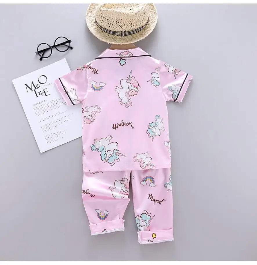 Girls Pajamas Pants Set Summer Air-Conditioned Clothing Toddler Boys Lce Silk Satin Cartoon Unicorn Nightgown 2pcs Outfit