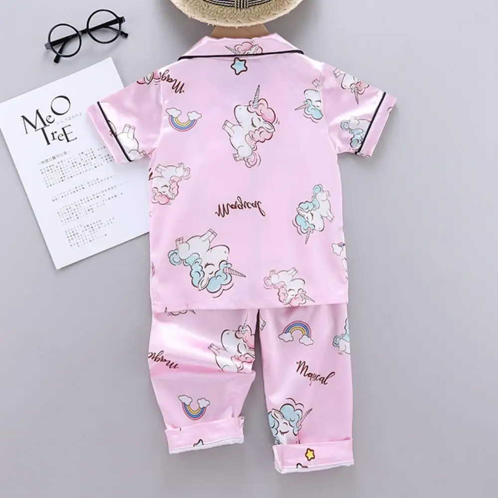 Girls Pajamas Pants Set Summer Air-Conditioned Clothing Toddler Boys Lce Silk Satin Cartoon Unicorn Nightgown 2pcs Outfit