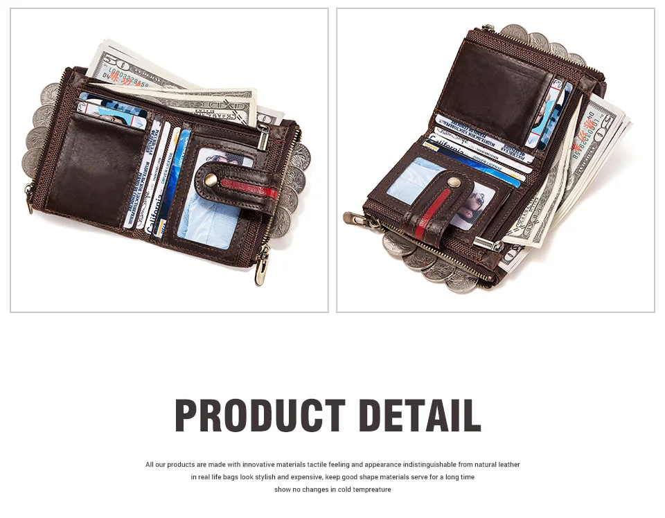 HUMERPAUL 100% Genuine Leather Mens Casual Wallet RFID Blocking Credit Card Holder with Zipper Coin Pocket Short Male Clutch Bag