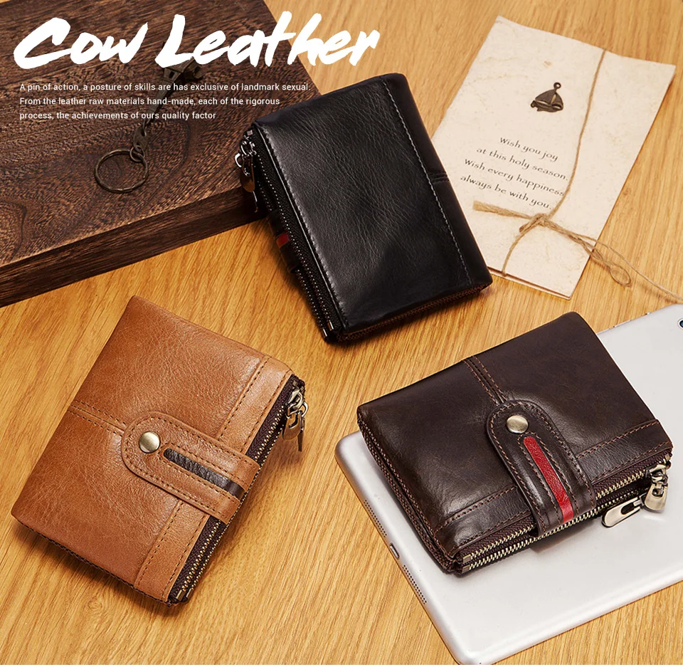 HUMERPAUL 100% Genuine Leather Mens Casual Wallet RFID Blocking Credit Card Holder with Zipper Coin Pocket Short Male Clutch Bag