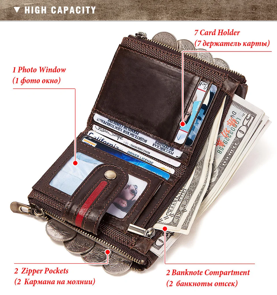 HUMERPAUL 100% Genuine Leather Mens Casual Wallet RFID Blocking Credit Card Holder with Zipper Coin Pocket Short Male Clutch Bag