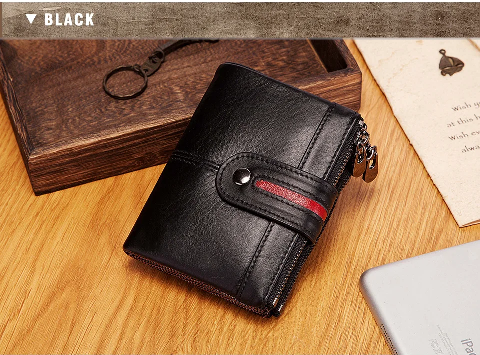 HUMERPAUL 100% Genuine Leather Mens Casual Wallet RFID Blocking Credit Card Holder with Zipper Coin Pocket Short Male Clutch Bag