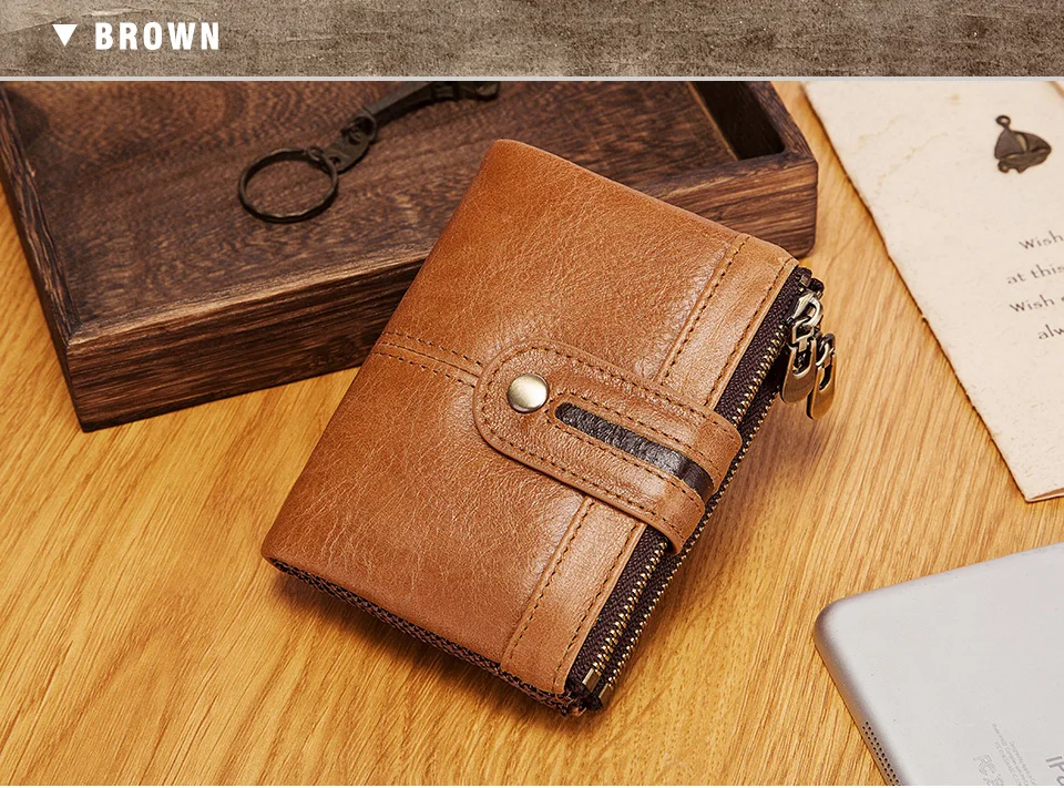 HUMERPAUL 100% Genuine Leather Mens Casual Wallet RFID Blocking Credit Card Holder with Zipper Coin Pocket Short Male Clutch Bag