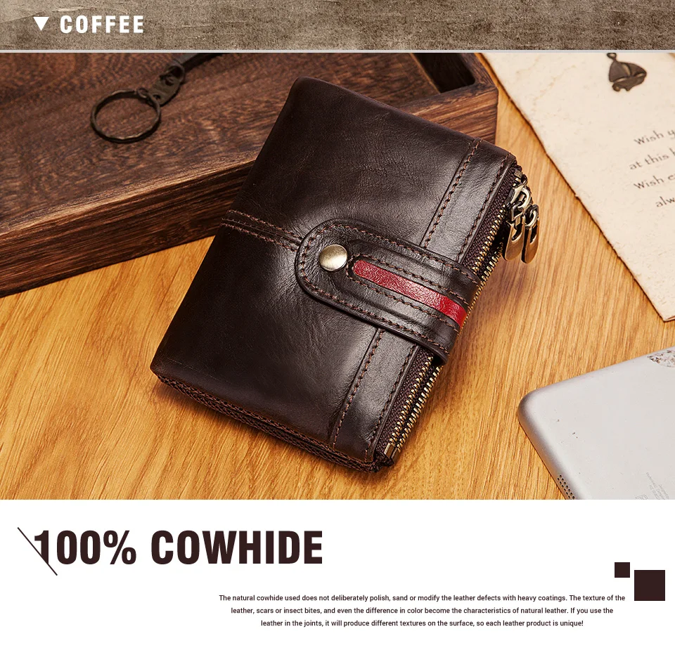 HUMERPAUL 100% Genuine Leather Mens Casual Wallet RFID Blocking Credit Card Holder with Zipper Coin Pocket Short Male Clutch Bag