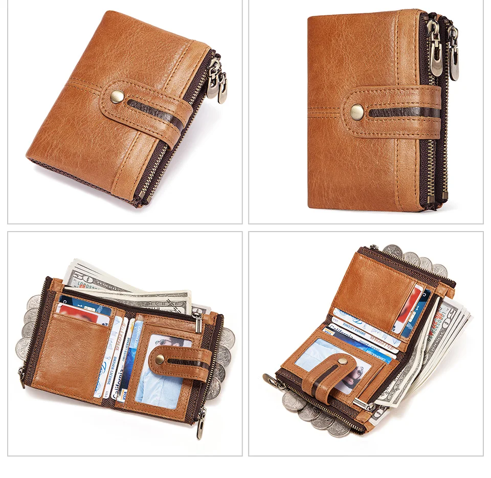 HUMERPAUL 100% Genuine Leather Mens Casual Wallet RFID Blocking Credit Card Holder with Zipper Coin Pocket Short Male Clutch Bag