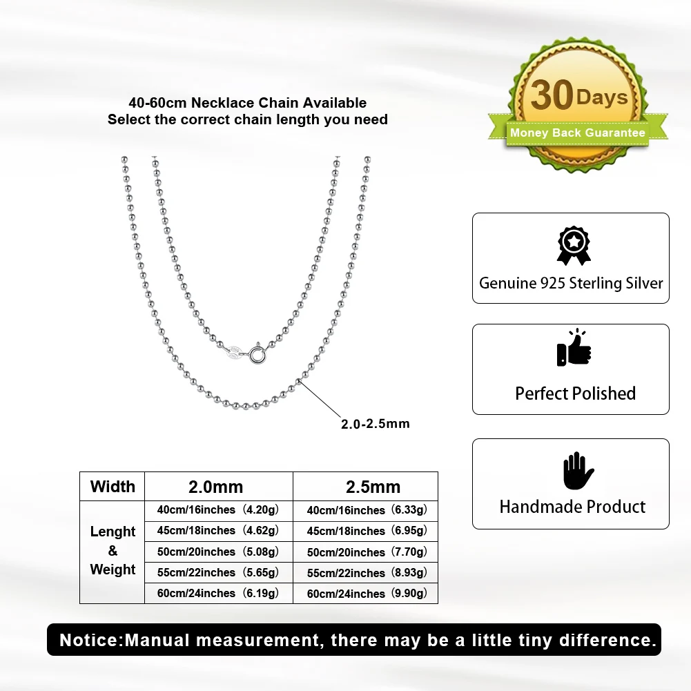 Rinntin Handmade 925 Sterling Silver Fashion 1.2mm Ball Bead Chain Necklace 40/45/50/55/60cm for Women Chain Jewelry Gift SC24