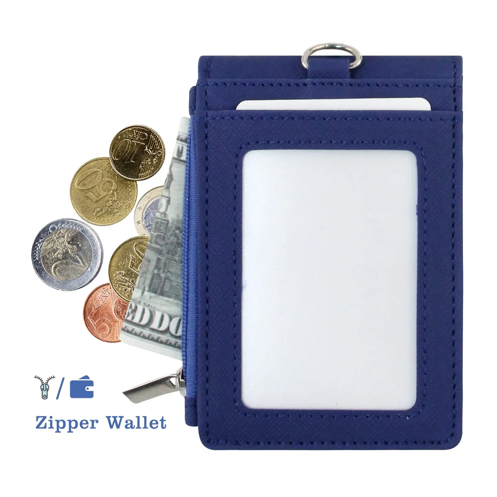 Multipurpose Lanyard ID Badge Holder PU Leather Zipper Pocket with 4 Card Slots for Offices School Credit Cards Identification