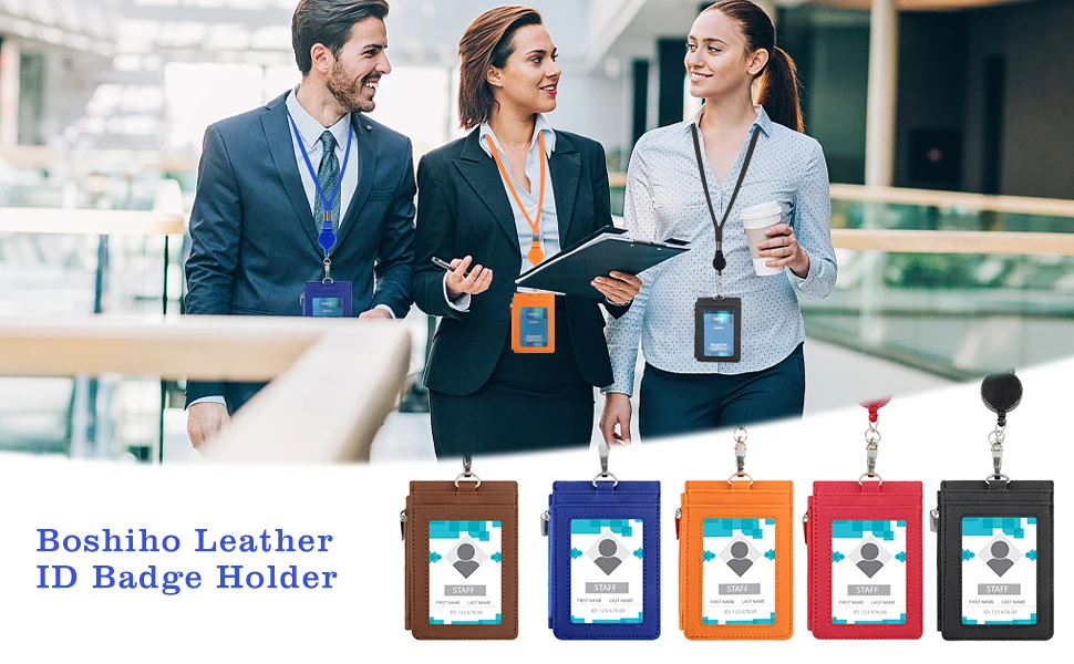 Multipurpose Lanyard ID Badge Holder PU Leather Zipper Pocket with 4 Card Slots for Offices School Credit Cards Identification