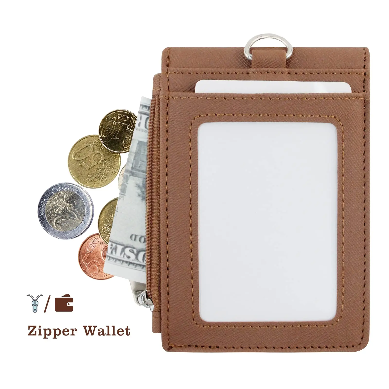 Multipurpose Lanyard ID Badge Holder PU Leather Zipper Pocket with 4 Card Slots for Offices School Credit Cards Identification