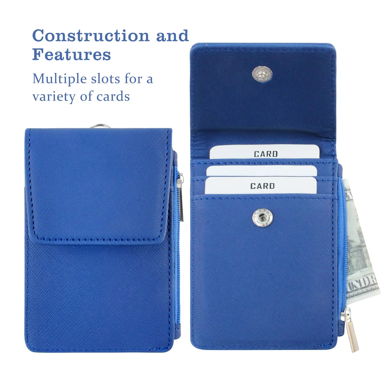 Multipurpose Lanyard ID Badge Holder PU Leather Zipper Pocket with 4 Card Slots for Offices School Credit Cards Identification