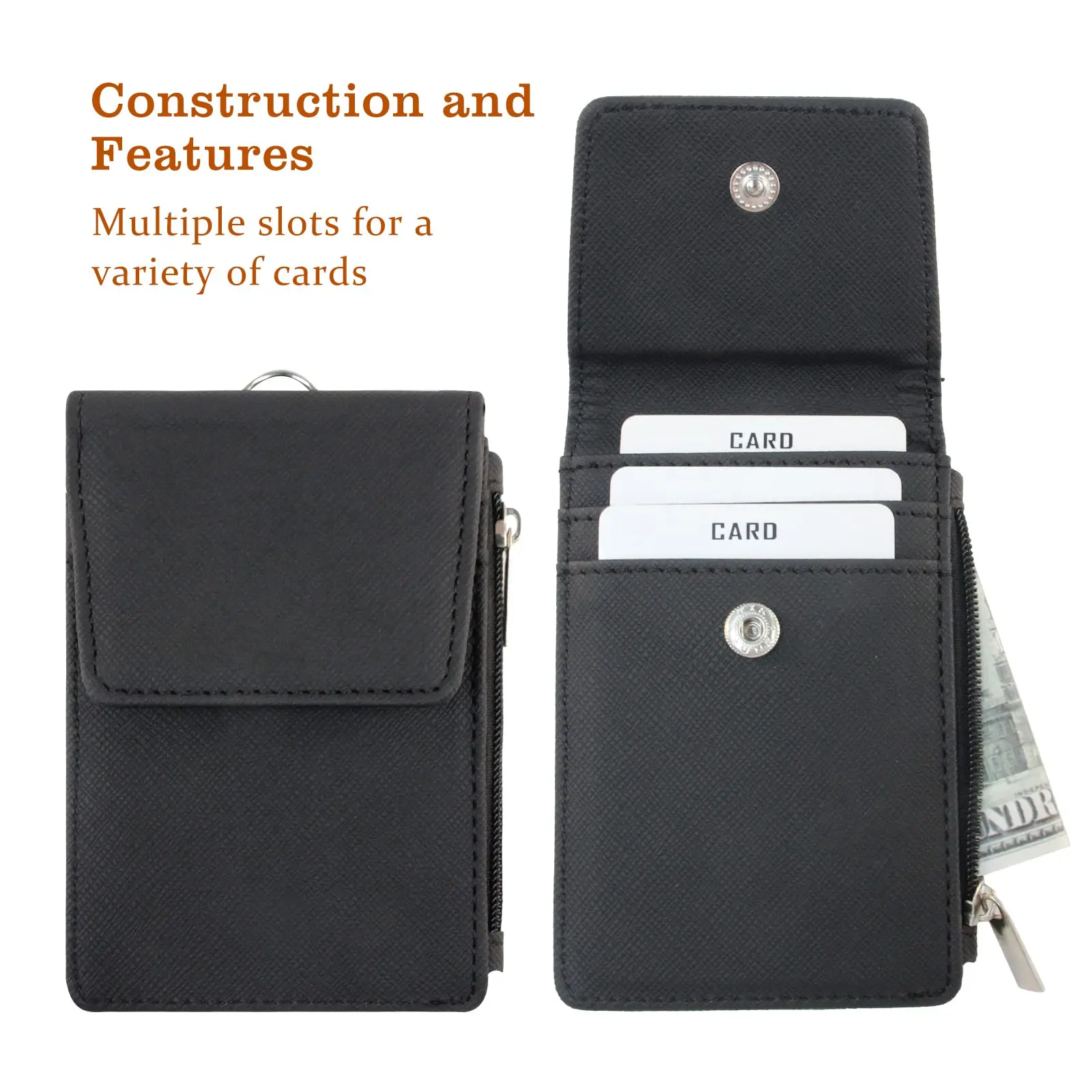 Multipurpose Lanyard ID Badge Holder PU Leather Zipper Pocket with 4 Card Slots for Offices School Credit Cards Identification