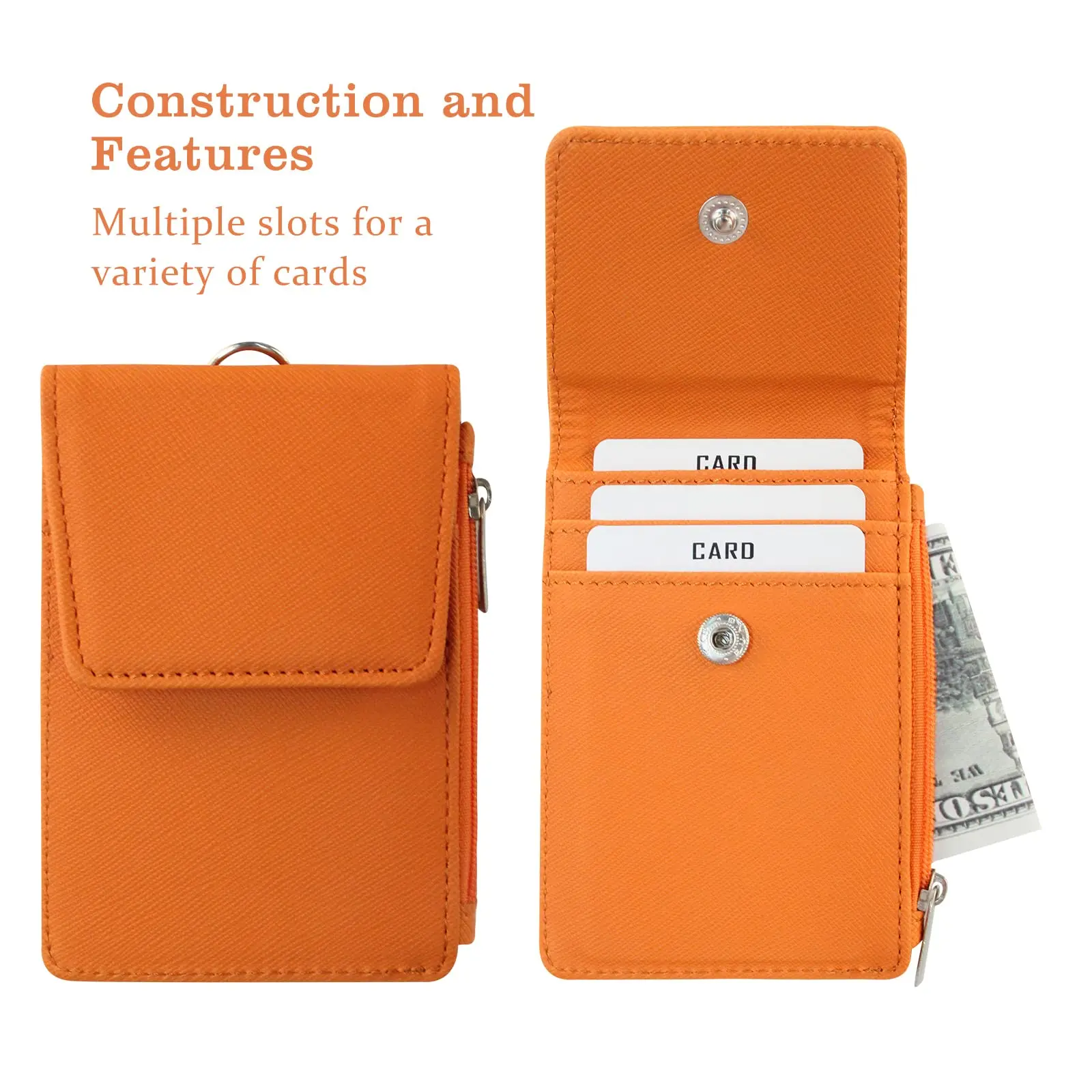 Multipurpose Lanyard ID Badge Holder PU Leather Zipper Pocket with 4 Card Slots for Offices School Credit Cards Identification