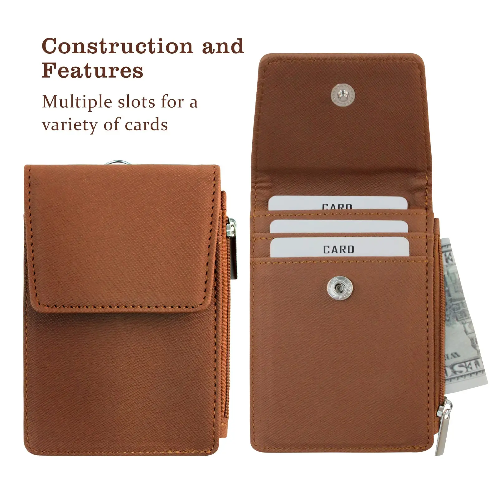 Multipurpose Lanyard ID Badge Holder PU Leather Zipper Pocket with 4 Card Slots for Offices School Credit Cards Identification