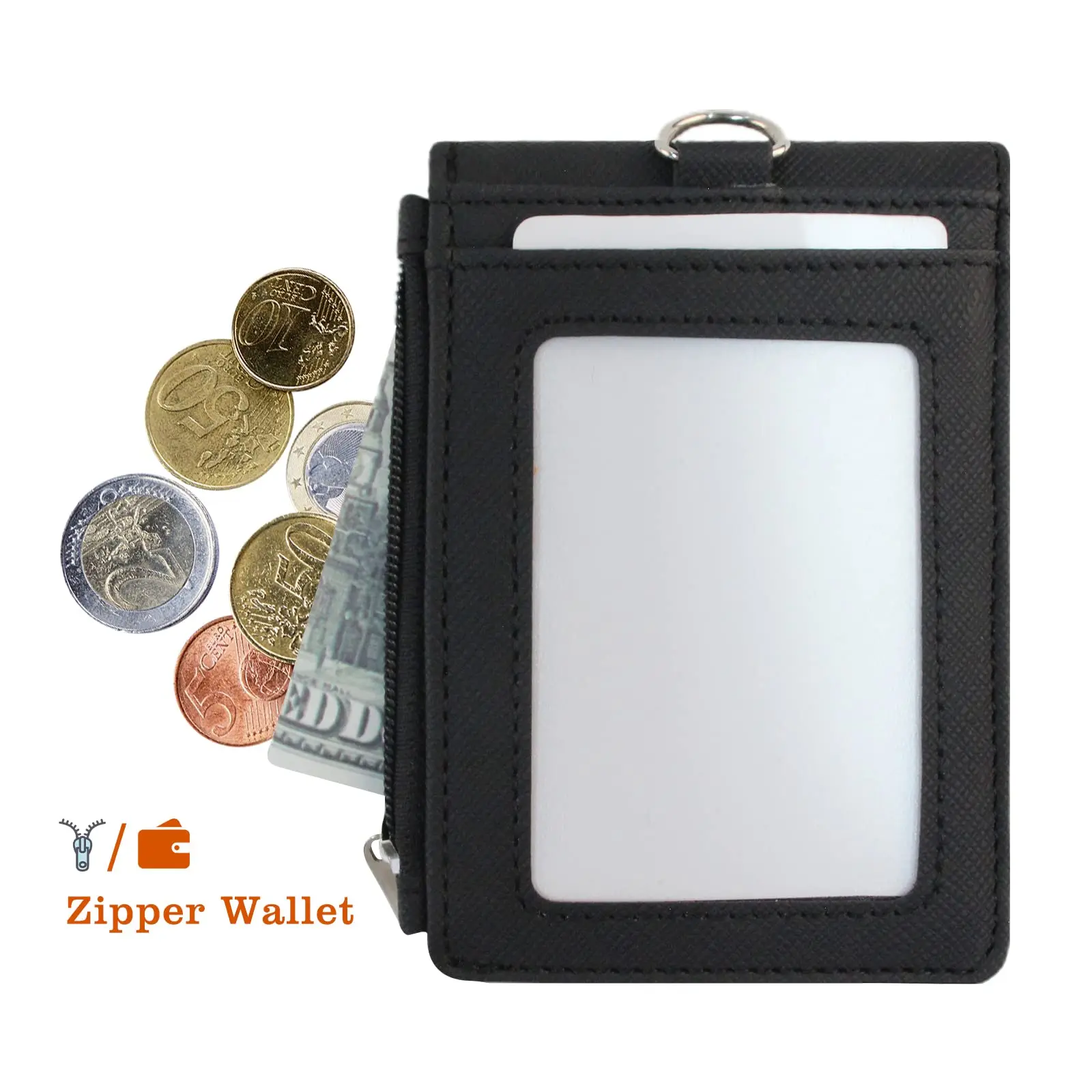 Multipurpose Lanyard ID Badge Holder PU Leather Zipper Pocket with 4 Card Slots for Offices School Credit Cards Identification