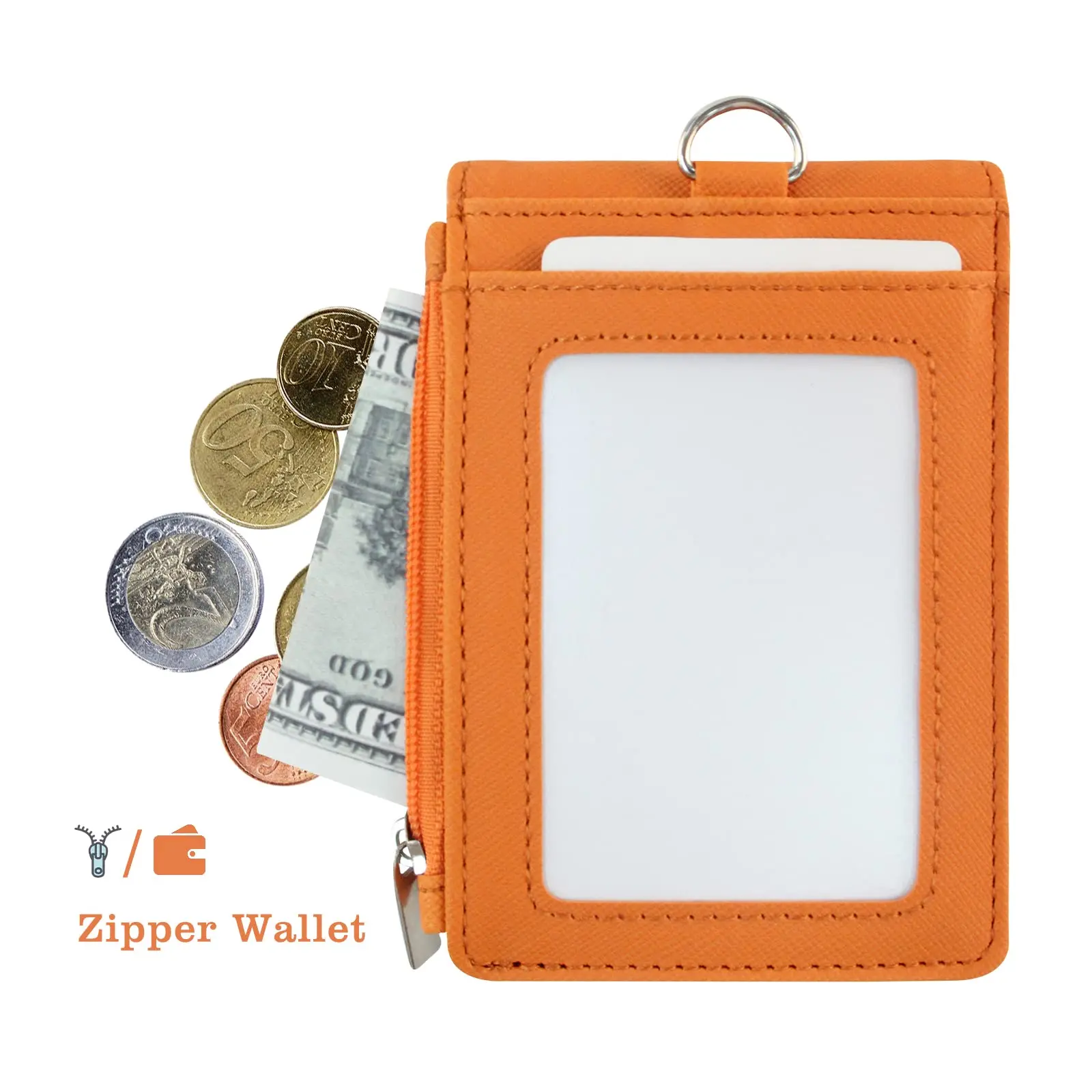 Multipurpose Lanyard ID Badge Holder PU Leather Zipper Pocket with 4 Card Slots for Offices School Credit Cards Identification
