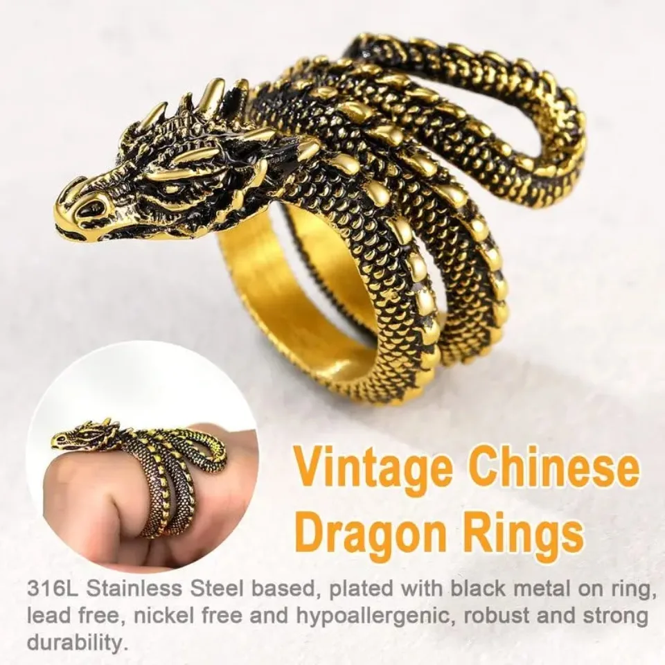 U7 Dragon Rings for Men Women Black Retro 14K Gold Color Vivid Animal Dragon Wrapped Rings Stainless Steel Cool Jewelry Gift