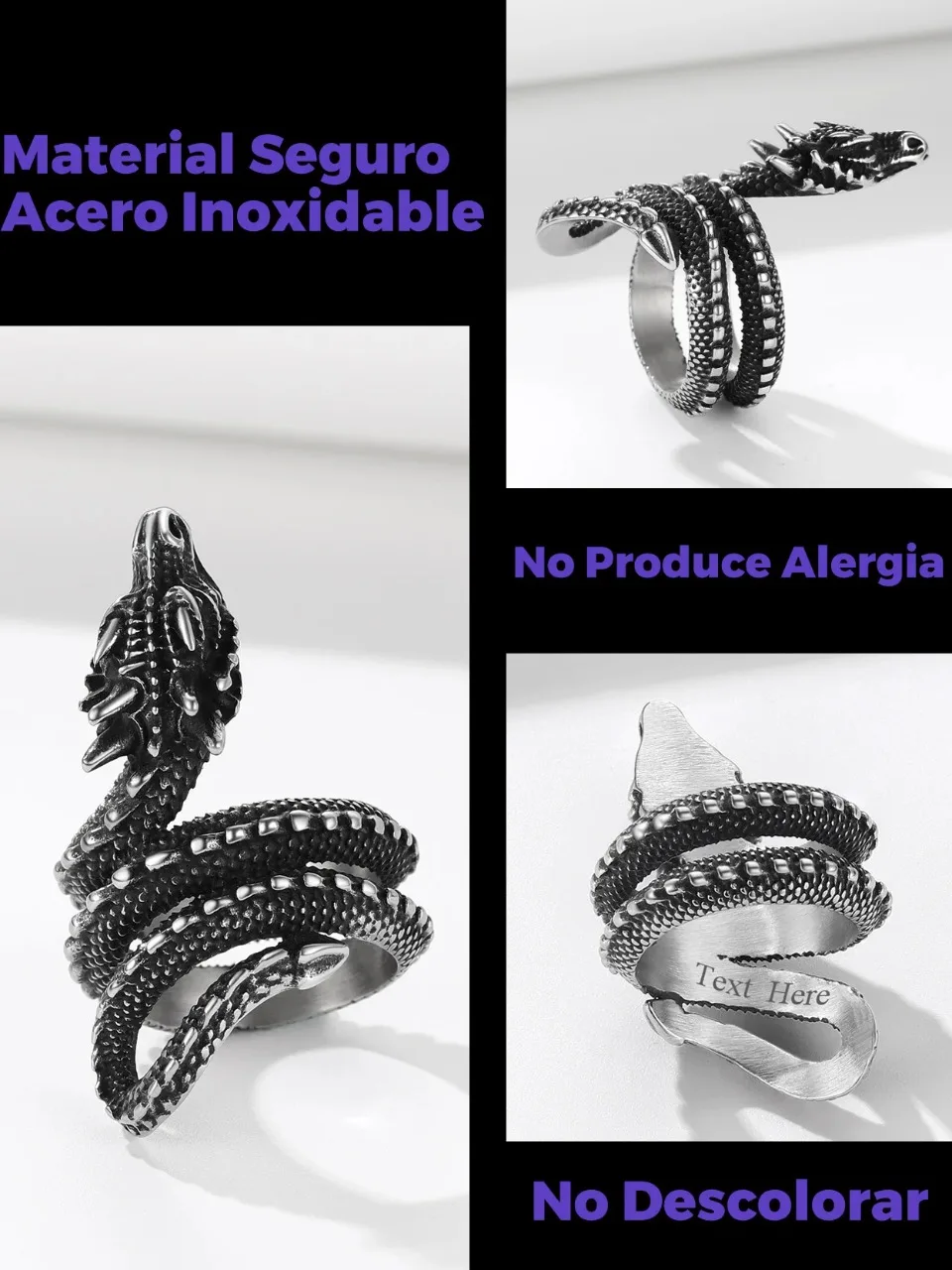 U7 Dragon Rings for Men Women Black Retro 14K Gold Color Vivid Animal Dragon Wrapped Rings Stainless Steel Cool Jewelry Gift