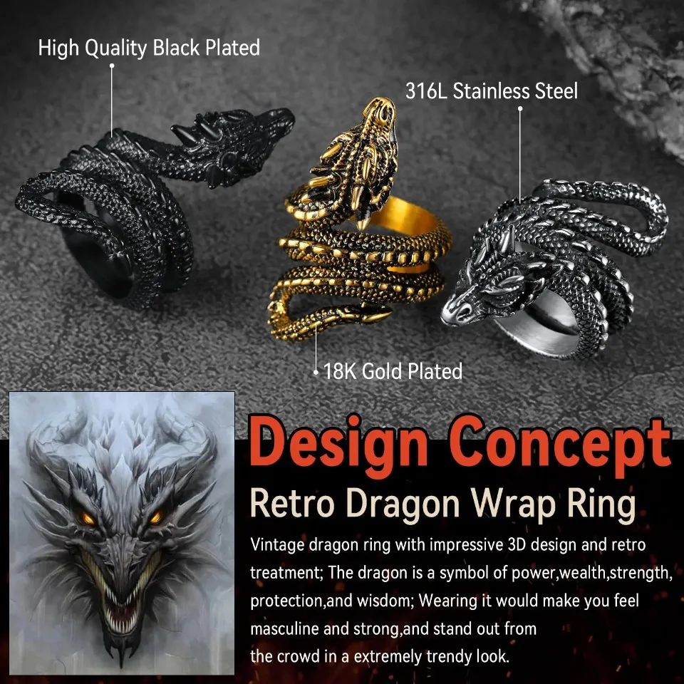U7 Dragon Rings for Men Women Black Retro 14K Gold Color Vivid Animal Dragon Wrapped Rings Stainless Steel Cool Jewelry Gift