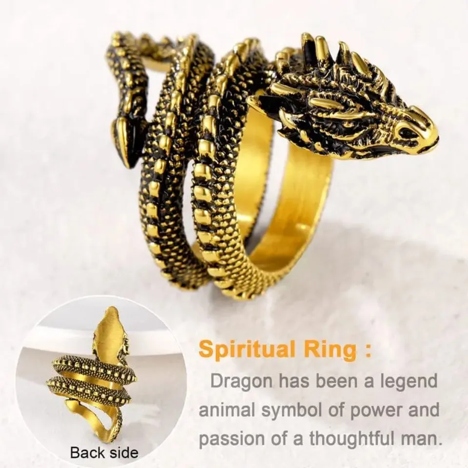 U7 Dragon Rings for Men Women Black Retro 14K Gold Color Vivid Animal Dragon Wrapped Rings Stainless Steel Cool Jewelry Gift