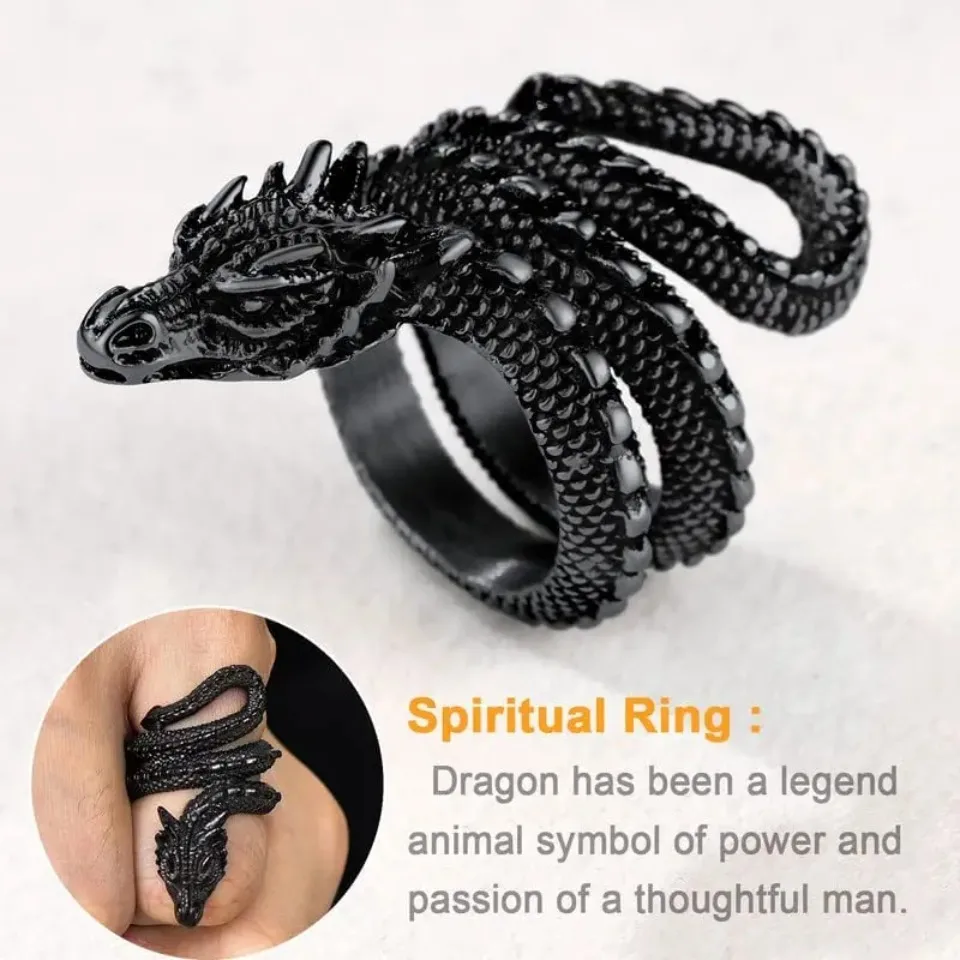 U7 Dragon Rings for Men Women Black Retro 14K Gold Color Vivid Animal Dragon Wrapped Rings Stainless Steel Cool Jewelry Gift
