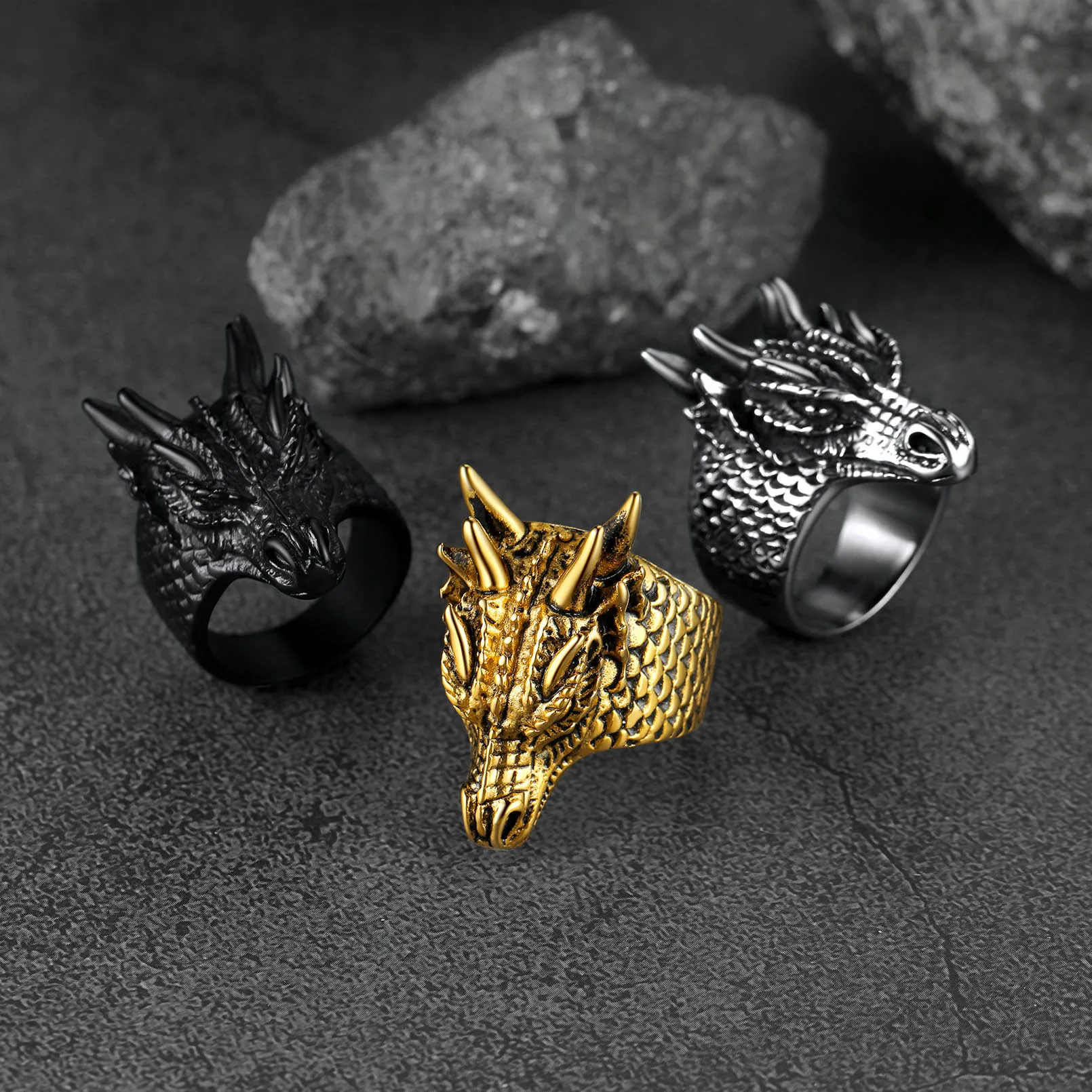 U7 Dragon Rings for Men Women Black Retro 14K Gold Color Vivid Animal Dragon Wrapped Rings Stainless Steel Cool Jewelry Gift
