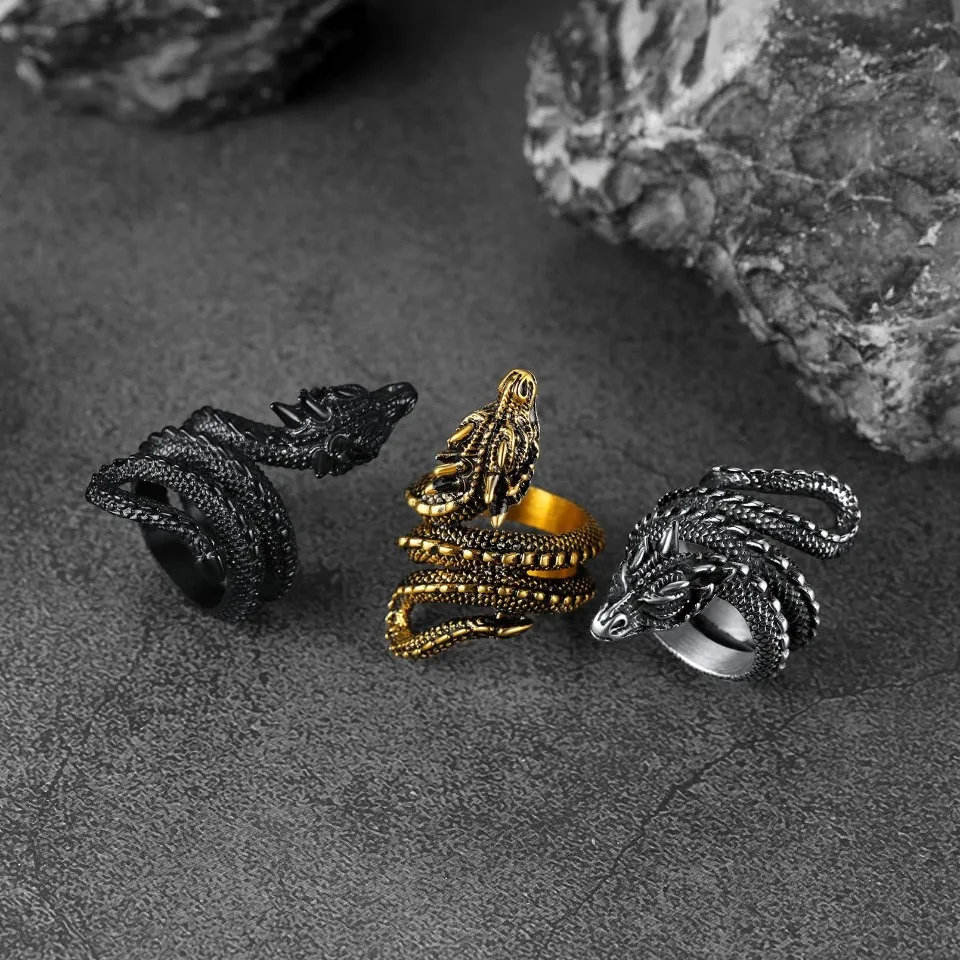 U7 Dragon Rings for Men Women Black Retro 14K Gold Color Vivid Animal Dragon Wrapped Rings Stainless Steel Cool Jewelry Gift