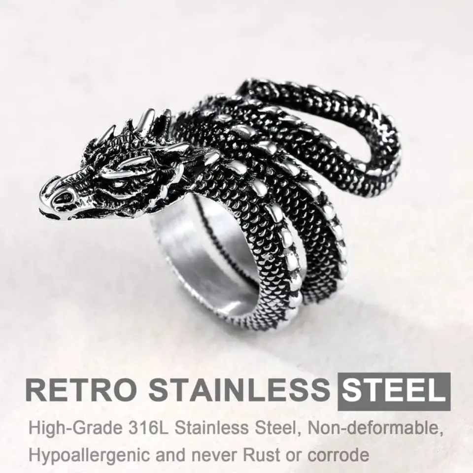 U7 Dragon Rings for Men Women Black Retro 14K Gold Color Vivid Animal Dragon Wrapped Rings Stainless Steel Cool Jewelry Gift
