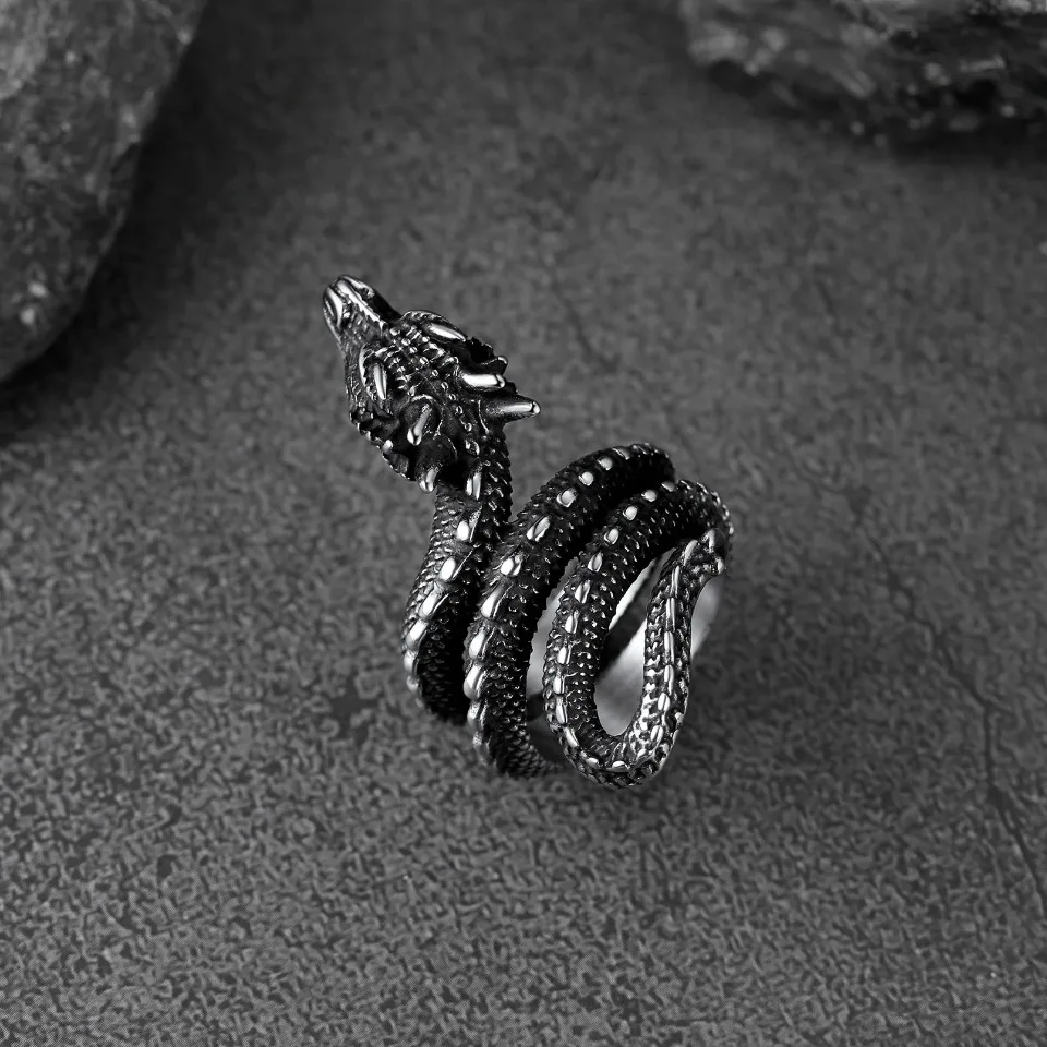 U7 Dragon Rings for Men Women Black Retro 14K Gold Color Vivid Animal Dragon Wrapped Rings Stainless Steel Cool Jewelry Gift
