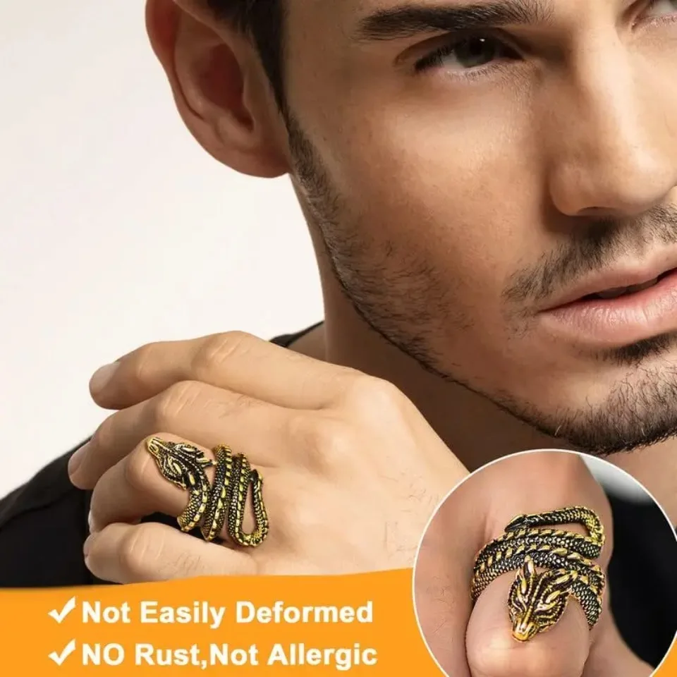 U7 Dragon Rings for Men Women Black Retro 14K Gold Color Vivid Animal Dragon Wrapped Rings Stainless Steel Cool Jewelry Gift