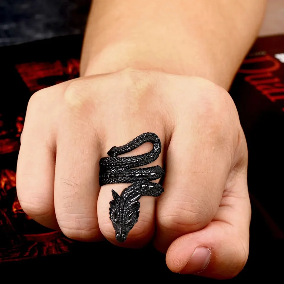U7 Dragon Rings for Men Women Black Retro 14K Gold Color Vivid Animal Dragon Wrapped Rings Stainless Steel Cool Jewelry Gift