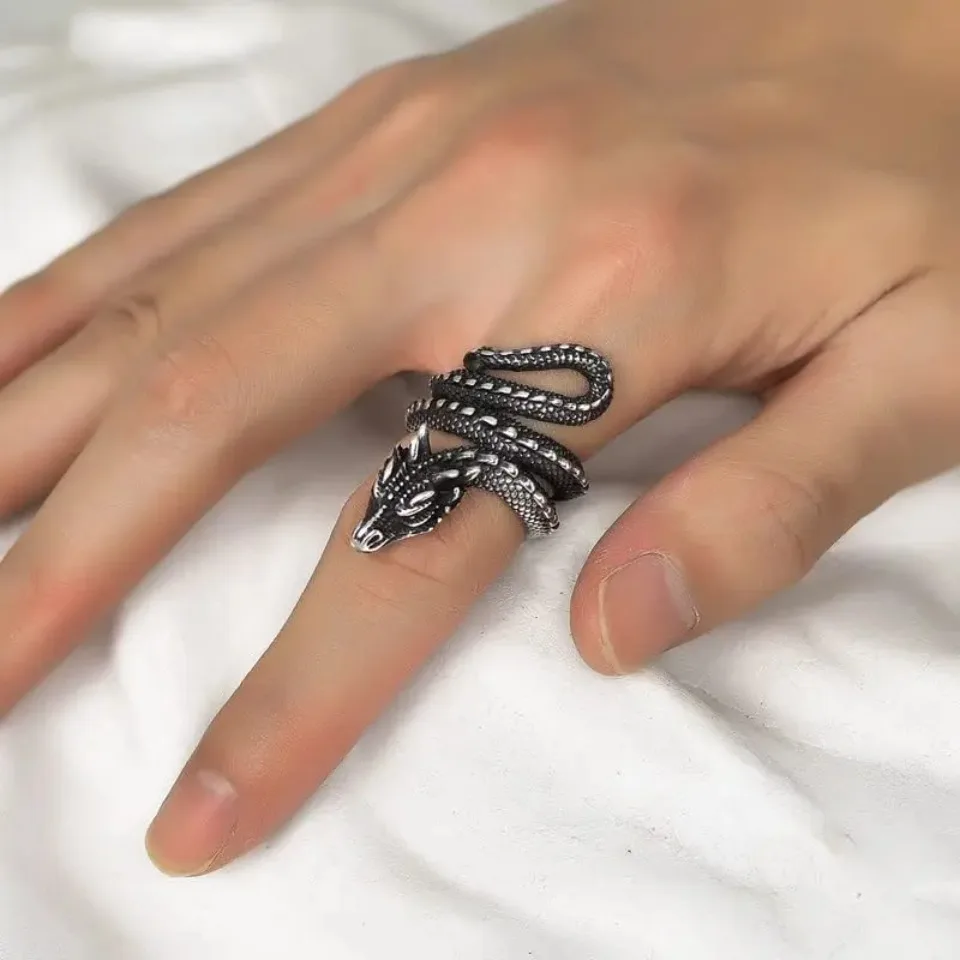U7 Dragon Rings for Men Women Black Retro 14K Gold Color Vivid Animal Dragon Wrapped Rings Stainless Steel Cool Jewelry Gift