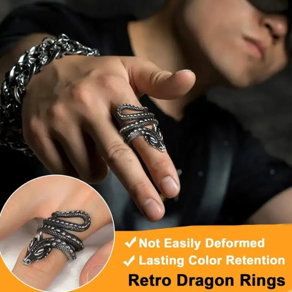U7 Dragon Rings for Men Women Black Retro 14K Gold Color Vivid Animal Dragon Wrapped Rings Stainless Steel Cool Jewelry Gift