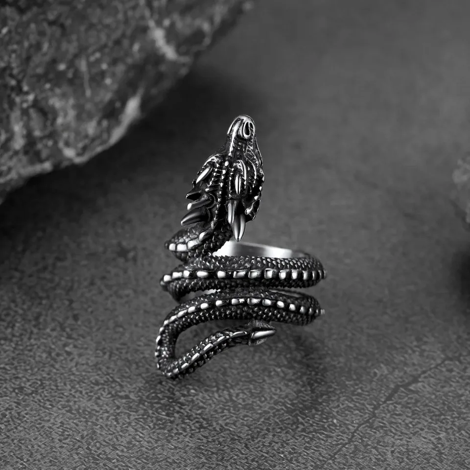 U7 Dragon Rings for Men Women Black Retro 14K Gold Color Vivid Animal Dragon Wrapped Rings Stainless Steel Cool Jewelry Gift