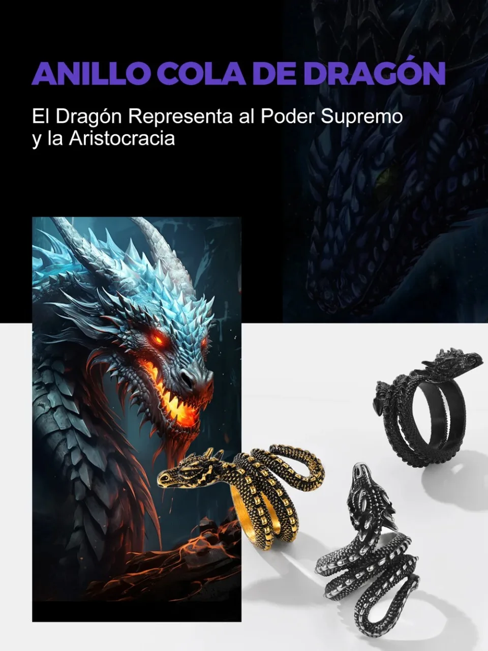 U7 Dragon Rings for Men Women Black Retro 14K Gold Color Vivid Animal Dragon Wrapped Rings Stainless Steel Cool Jewelry Gift