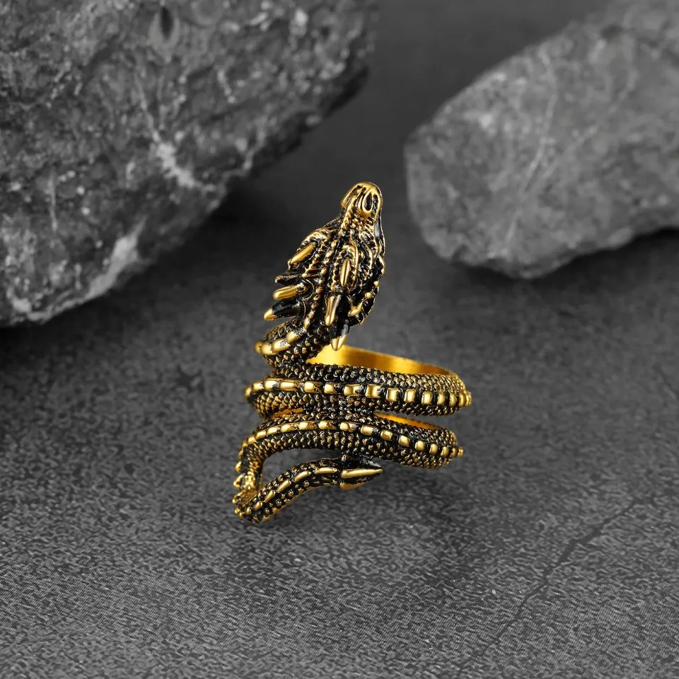 U7 Dragon Rings for Men Women Black Retro 14K Gold Color Vivid Animal Dragon Wrapped Rings Stainless Steel Cool Jewelry Gift