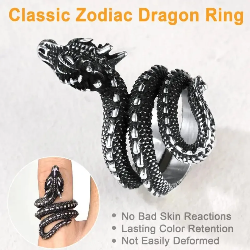 U7 Dragon Rings for Men Women Black Retro 14K Gold Color Vivid Animal Dragon Wrapped Rings Stainless Steel Cool Jewelry Gift