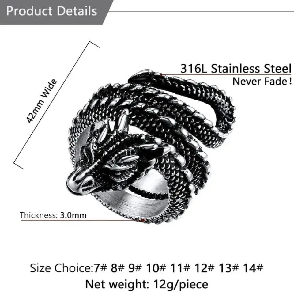 U7 Dragon Rings for Men Women Black Retro 14K Gold Color Vivid Animal Dragon Wrapped Rings Stainless Steel Cool Jewelry Gift