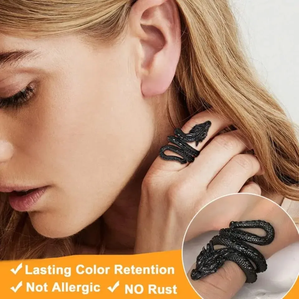 U7 Dragon Rings for Men Women Black Retro 14K Gold Color Vivid Animal Dragon Wrapped Rings Stainless Steel Cool Jewelry Gift