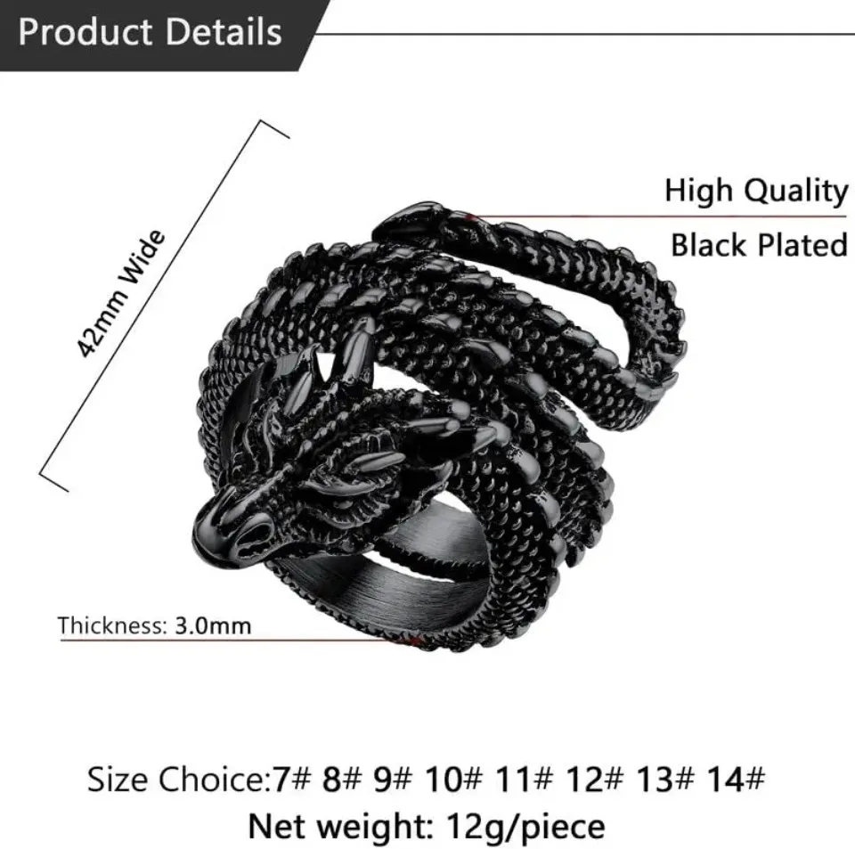 U7 Dragon Rings for Men Women Black Retro 14K Gold Color Vivid Animal Dragon Wrapped Rings Stainless Steel Cool Jewelry Gift