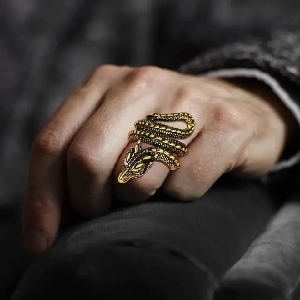 U7 Dragon Rings for Men Women Black Retro 14K Gold Color Vivid Animal Dragon Wrapped Rings Stainless Steel Cool Jewelry Gift