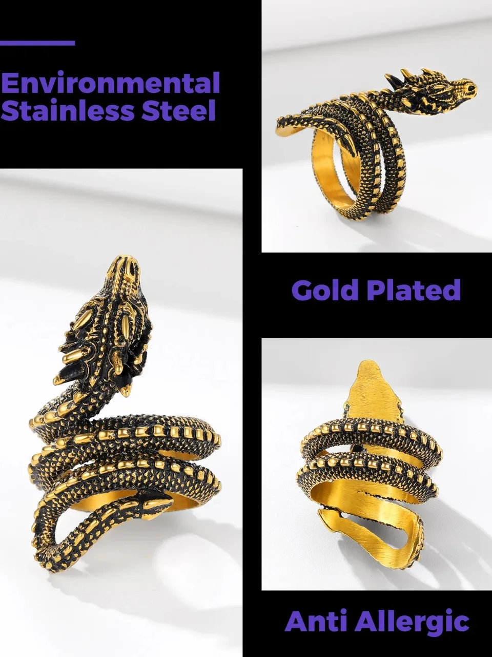 U7 Dragon Rings for Men Women Black Retro 14K Gold Color Vivid Animal Dragon Wrapped Rings Stainless Steel Cool Jewelry Gift