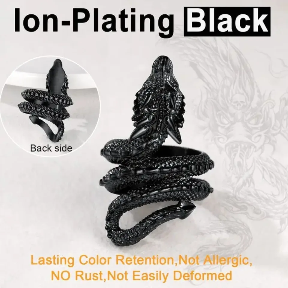 U7 Dragon Rings for Men Women Black Retro 14K Gold Color Vivid Animal Dragon Wrapped Rings Stainless Steel Cool Jewelry Gift