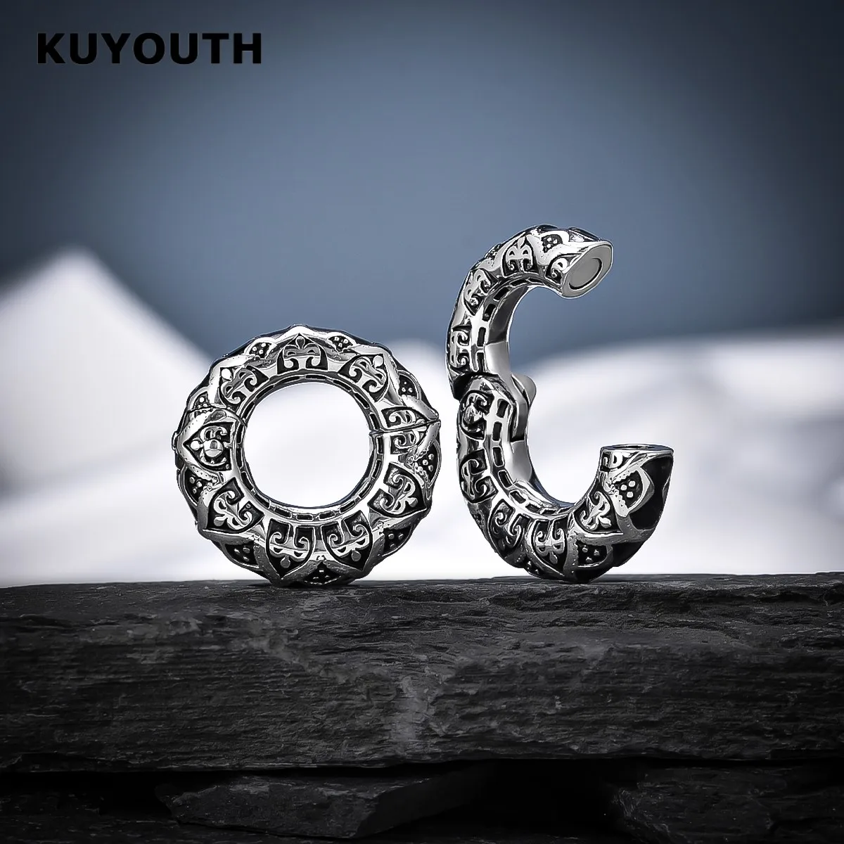 KUYOUTH Vintage Stainless Steel Pattern Magnet Ear Weight Earring Stretchers Body Jewelry Piercing Expanders 2PCS