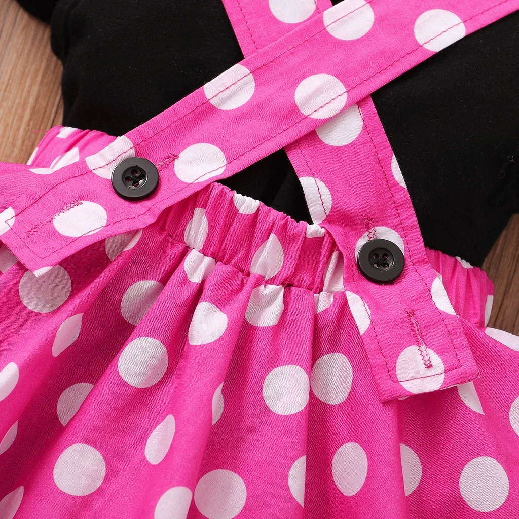 1-3Y Toddler Baby Girls Cute Dress Set Kid Costumes Short Sleeve Black T-shirt + Polka Dot Suspender Skirt Holiday Party Outfit