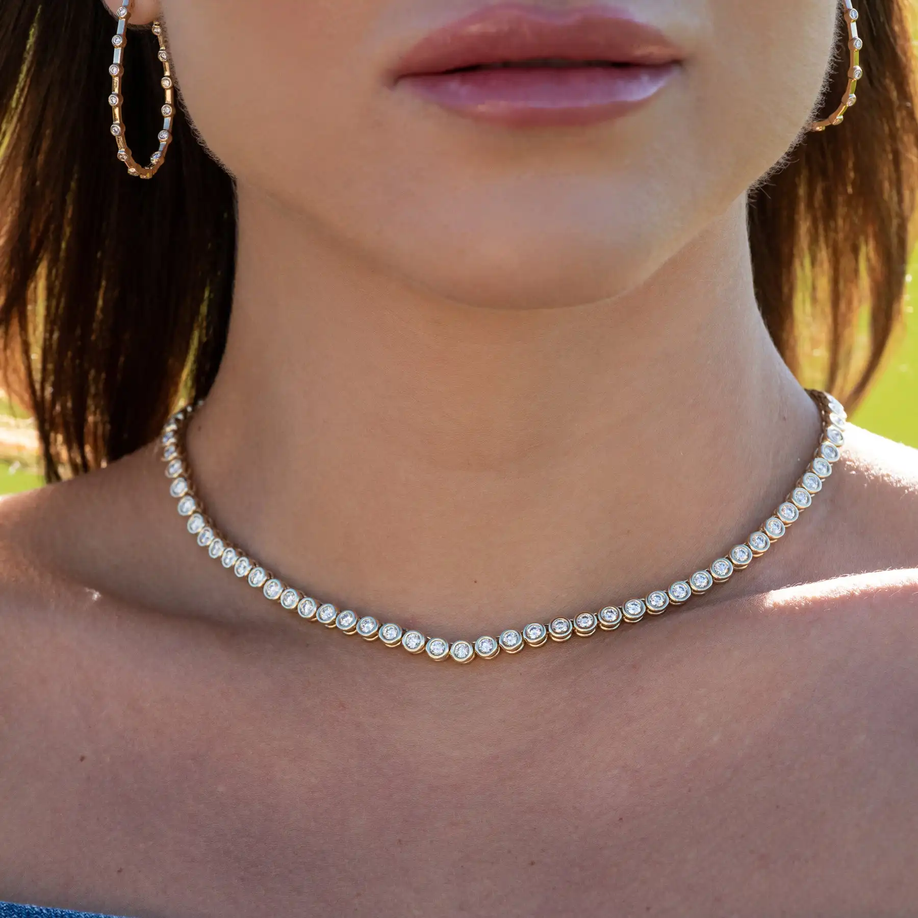 Geometric High Quality Fashion Women Jewelry Bezel Set Round Shaped Tennis Chain Bracelet Necklace Set