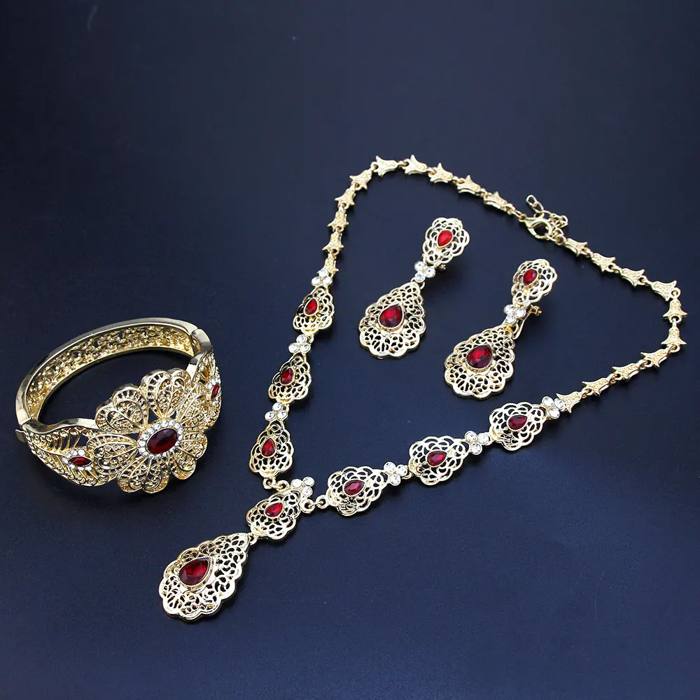 Sunspicems Morocco Bride Jewelry Sets Hollow Flower Women Earring Necklace Bracelet Water Drop Crystal Arabic Wedding Necklace