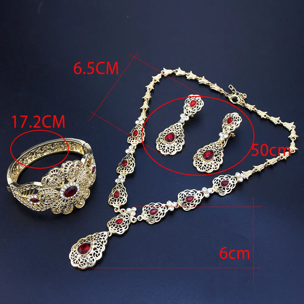 Sunspicems Morocco Bride Jewelry Sets Hollow Flower Women Earring Necklace Bracelet Water Drop Crystal Arabic Wedding Necklace